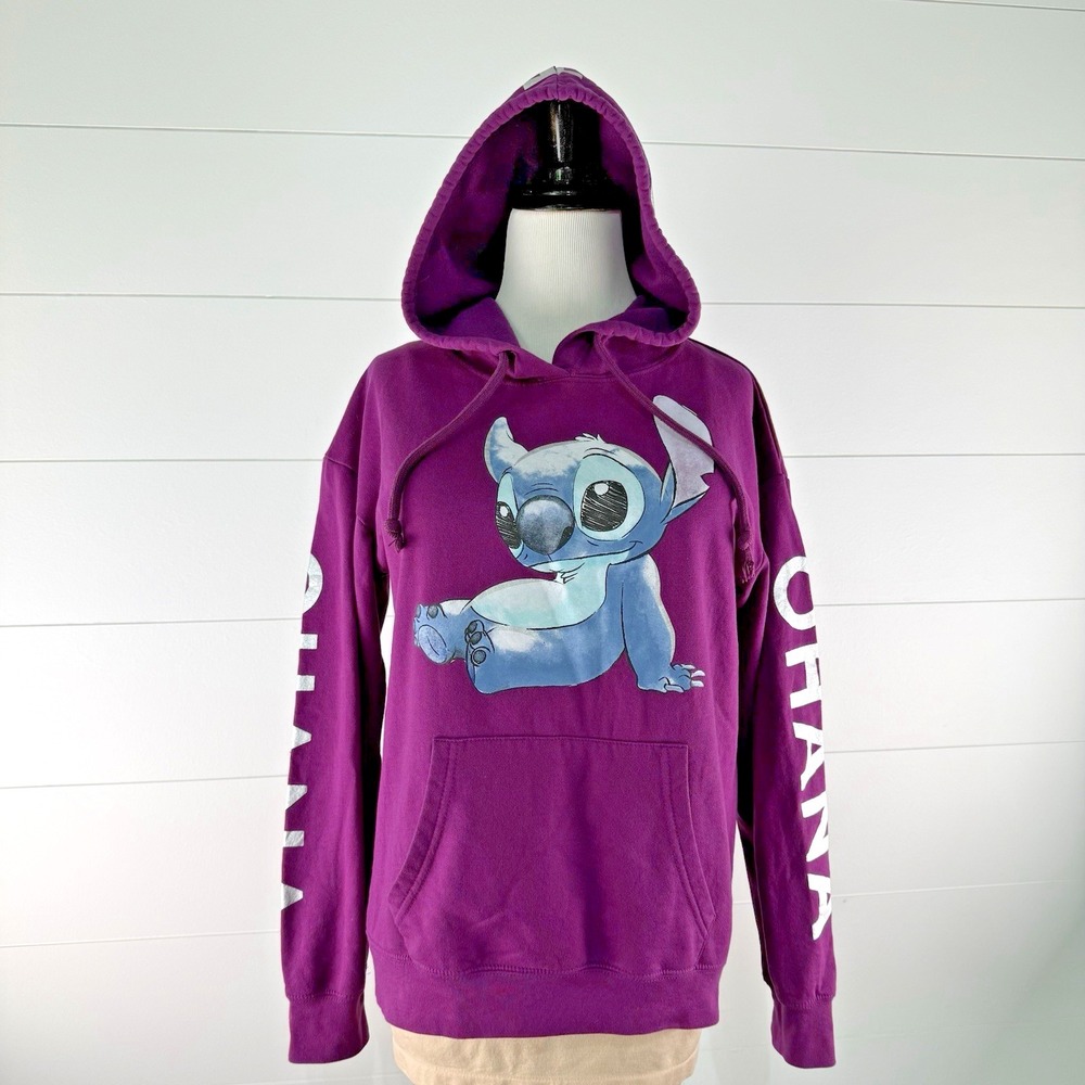 Disney Stitch Hoodie Hooded Sweatshirt Women M Pullover Top Ohana Glitter Purple